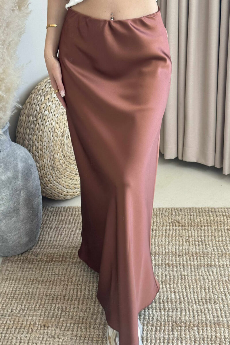ONE COLOR SATIN LONG WOMEN SKIRT BROWN/KAFE - 1