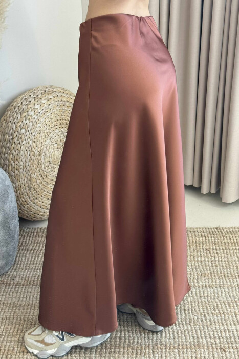 ONE COLOR SATIN LONG WOMEN SKIRT BROWN/KAFE - 4