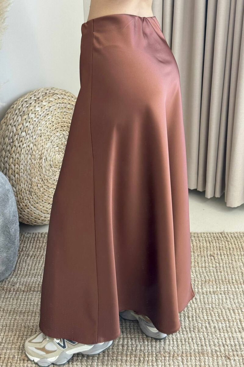 ONE COLOR SATIN LONG WOMEN SKIRT BROWN/KAFE - 4