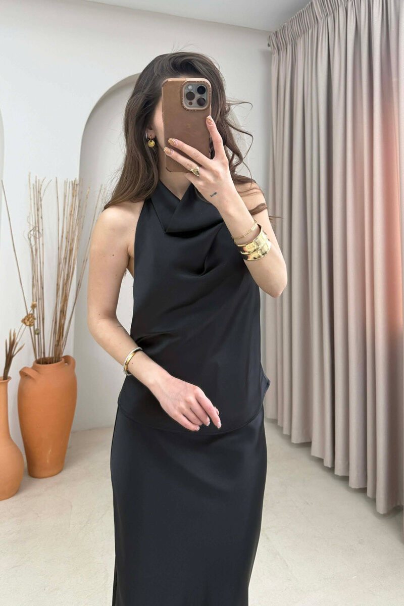 ONE COLOR SATIN TANK TOP + SKIRT WOMAN SET BLACK/ E ZEZE - 2