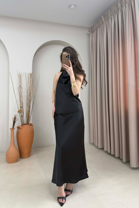 ONE COLOR SATIN TANK TOP + SKIRT WOMAN SET BLACK/ E ZEZE - 3
