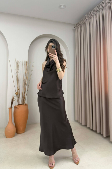 ONE COLOR SATIN TANK TOP + SKIRT WOMAN SET BROWN/KAFE - 