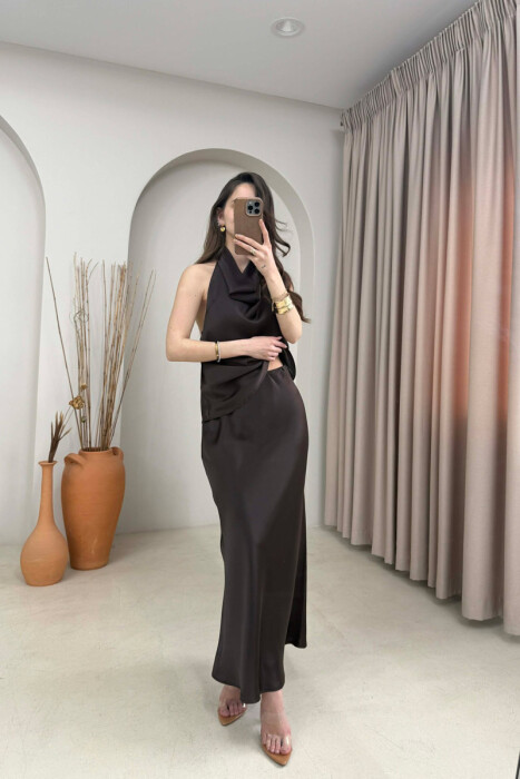 ONE COLOR SATIN TANK TOP + SKIRT WOMAN SET BROWN/KAFE - 2