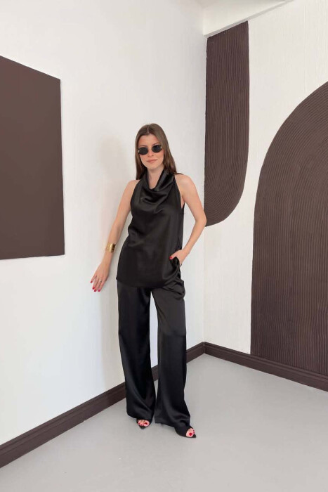 ONE COLOR SATIN TANK TOP + TROUSERS WOMAN SET BLACK/ E ZEZE - KLAUDIO FASHION