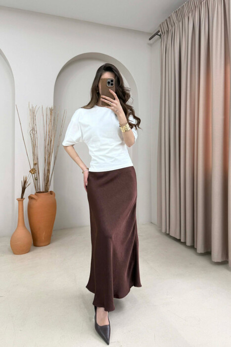 ONE COLOR SATIN WOMAN SKIRT BROWN/KAFE - 2