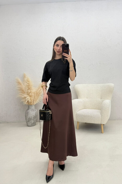 ONE COLOR SATIN WOMAN SKIRT BROWN/KAFE 