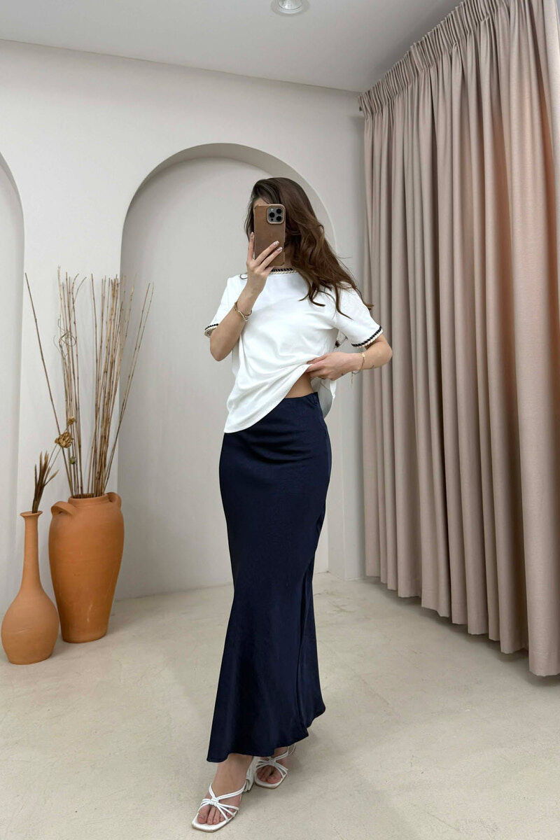 ONE COLOR SATIN WOMAN SKIRT DARK BLUE/BEE - 2