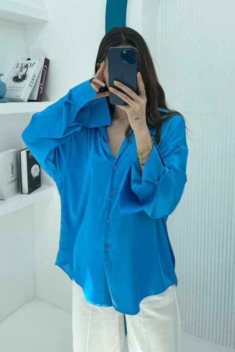 ONE COLOR SATIN WOMEN SHIRT BLUE/BLU - 2