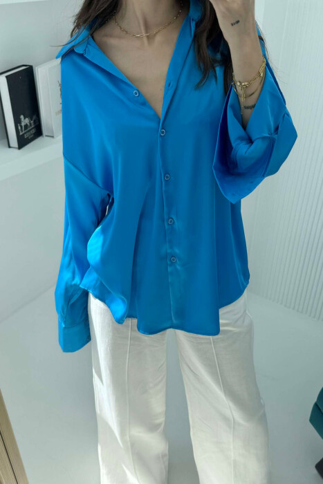 ONE COLOR SATIN WOMEN SHIRT BLUE/BLU - 3