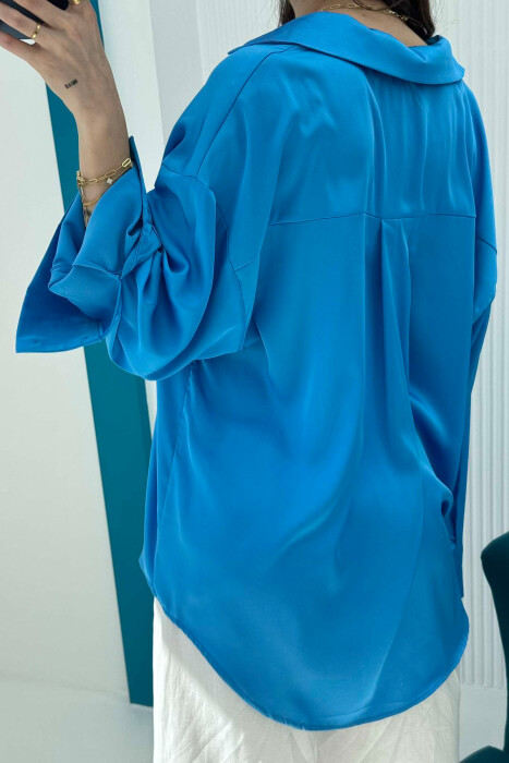 ONE COLOR SATIN WOMEN SHIRT BLUE/BLU - 4