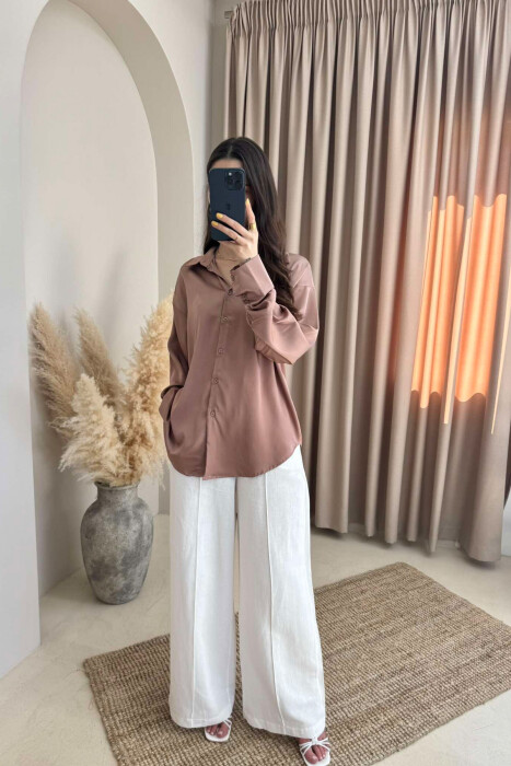 ONE COLOR SATIN WOMEN SHIRT BROWN/KAFE 