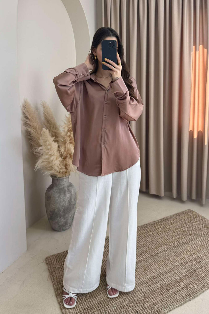 ONE COLOR SATIN WOMEN SHIRT BROWN/KAFE - 2