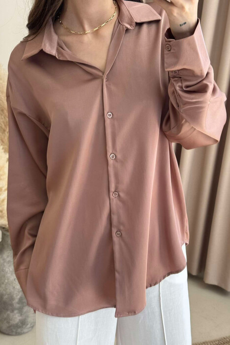 ONE COLOR SATIN WOMEN SHIRT BROWN/KAFE - 3
