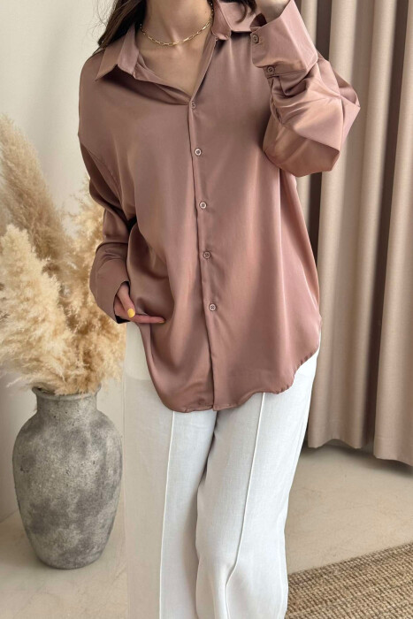 ONE COLOR SATIN WOMEN SHIRT BROWN/KAFE - 4