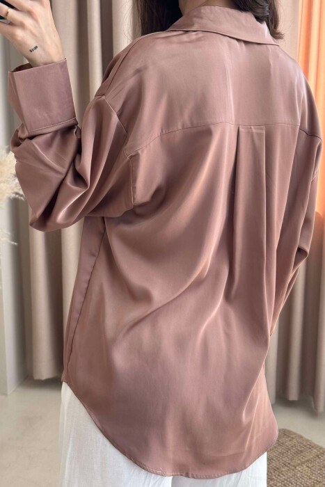ONE COLOR SATIN WOMEN SHIRT BROWN/KAFE - 5