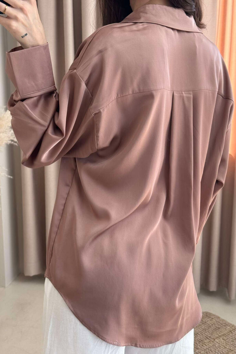 ONE COLOR SATIN WOMEN SHIRT BROWN/KAFE - 5