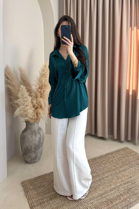 ONE COLOR SATIN WOMEN SHIRT DARK GREEN/JEE 