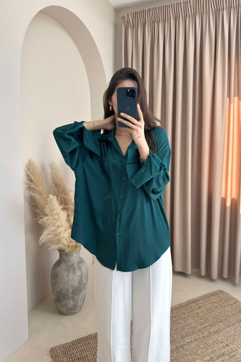 ONE COLOR SATIN WOMEN SHIRT DARK GREEN/JEE - 2