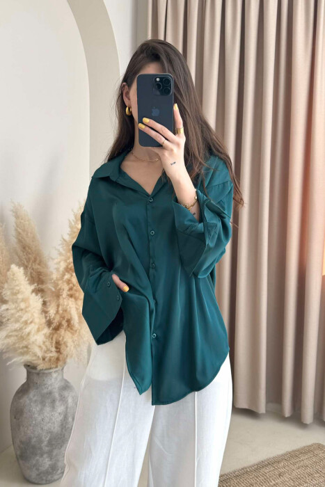 ONE COLOR SATIN WOMEN SHIRT DARK GREEN/JEE - 3