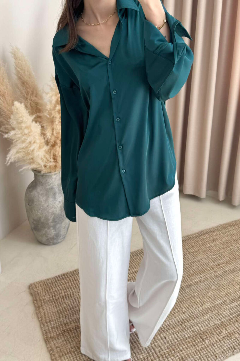 ONE COLOR SATIN WOMEN SHIRT DARK GREEN/JEE - 4