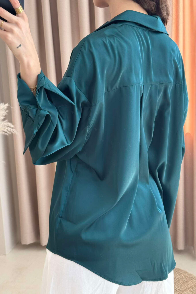 ONE COLOR SATIN WOMEN SHIRT DARK GREEN/JEE - 5
