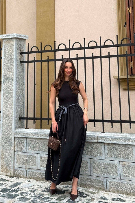ONE COLOR SCARF BELT DETAIL WOMAN DRESS BLACK/ E ZEZE - KLAUDIO FASHION