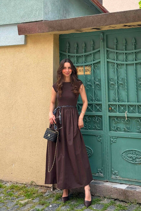 ONE COLOR SCARF BELT DETAIL WOMAN DRESS DARK BROWN/KAE - KLAUDIO FASHION