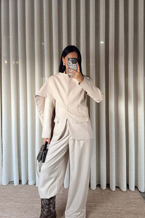 ONE COLOR SCARF DETAIL JACKET+TROUSERS WOMEN SET BEIGE/BEZHE - KLAUDIO FASHION