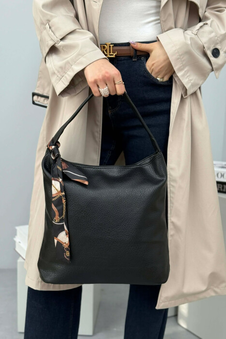 ONE COLOR SCARF DETAIL LEATHER WOMEN BAG BLACK/ E ZEZE - 4
