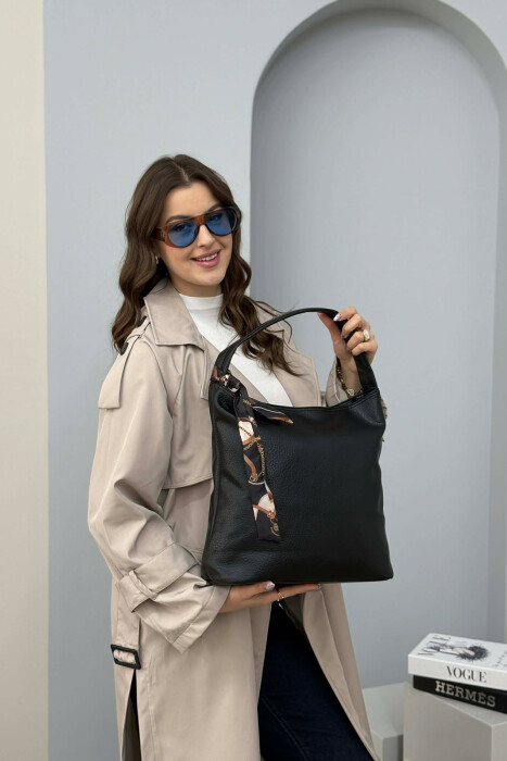 ONE COLOR SCARF DETAIL LEATHER WOMEN BAG BLACK/ E ZEZE - 5