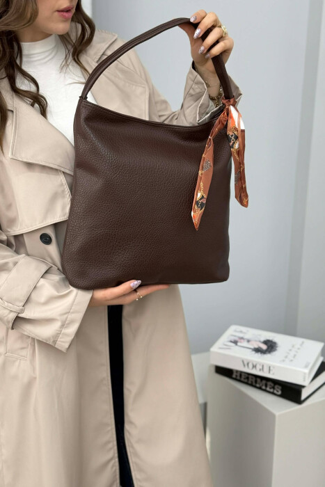 ONE COLOR SCARF DETAIL LEATHER WOMEN BAG BROWN/KAFE - 6