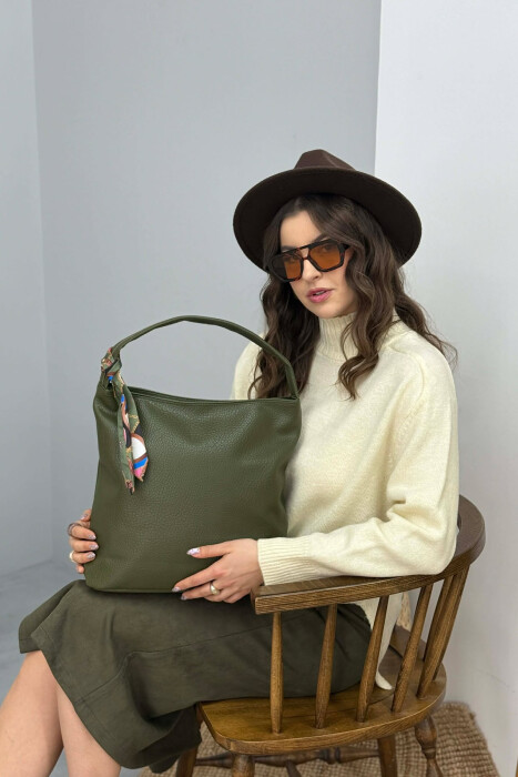 ONE COLOR SCARF DETAIL LEATHER WOMEN BAG GREEN/JESHILE - 4