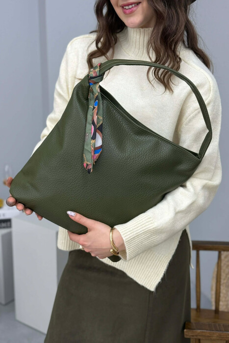 ONE COLOR SCARF DETAIL LEATHER WOMEN BAG GREEN/JESHILE - 1