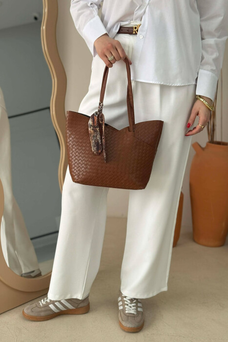 ONE COLOR SCARF DETAIL WOMAN BAG BROWN/KAFE - 3
