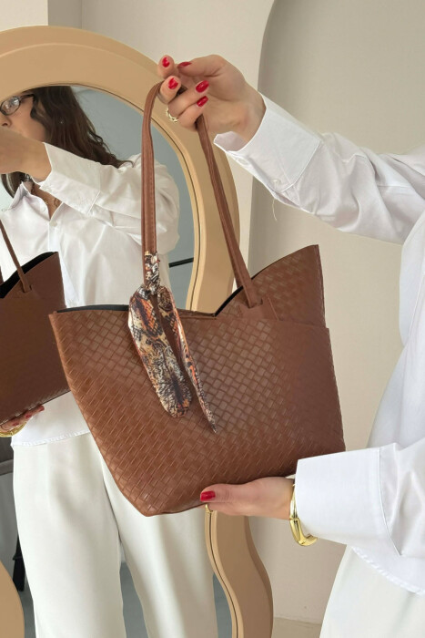 ONE COLOR SCARF DETAIL WOMAN BAG BROWN/KAFE - 4