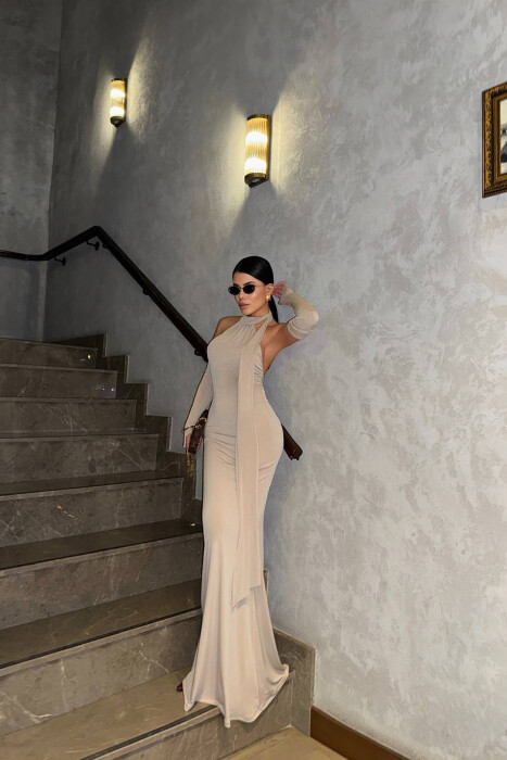 ONE COLOR SCARF DETAIL WOMAN DRESS BEIGE/BEZHE - KLAUDIO FASHION