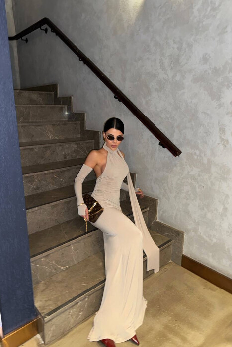 ONE COLOR SCARF DETAIL WOMAN DRESS BEIGE/BEZHE - 5