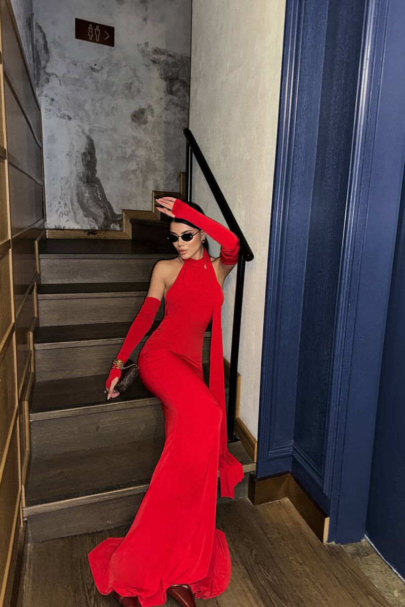 ONE COLOR SCARF DETAIL WOMAN DRESS RED/E KUQE - 3