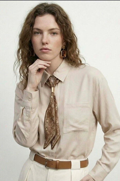 ONE COLOR SCARF DETAIL WOMAN SHIRT BEIGE/BEZHE - 