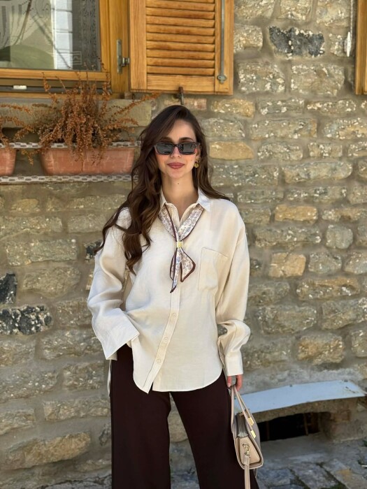 ONE COLOR SCARF DETAIL WOMAN SHIRT BEIGE/BEZHE - 