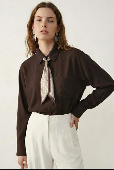 ONE COLOR SCARF DETAIL WOMAN SHIRT BROWN/KAFE - 