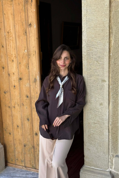 ONE COLOR SCARF DETAIL WOMAN SHIRT BROWN/KAFE - 