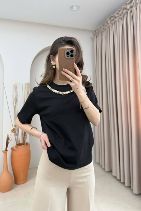 ONE COLOR SCARF DETAIL WOMAN T-SHIRT BLACK/ E ZEZE - 1