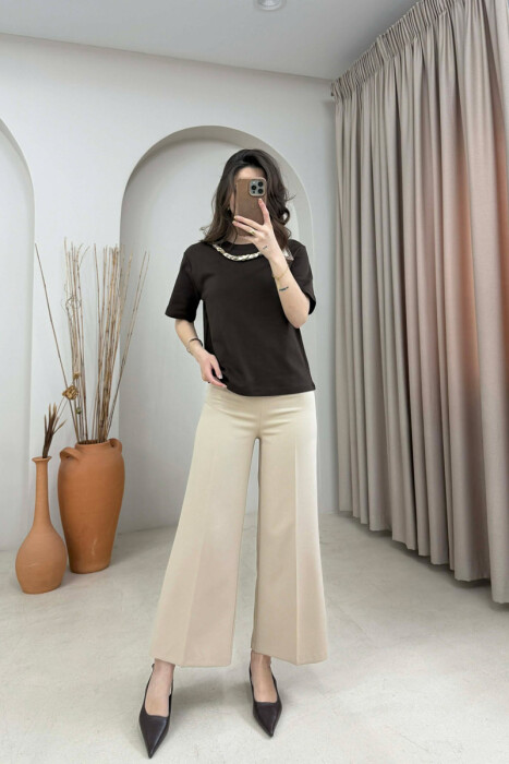 ONE COLOR SCARF DETAIL WOMAN T-SHIRT BROWN/KAFE - 2