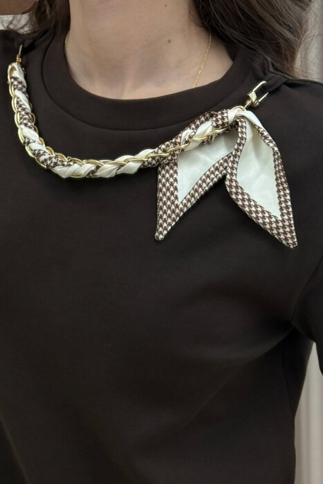 ONE COLOR SCARF DETAIL WOMAN T-SHIRT BROWN/KAFE - 3
