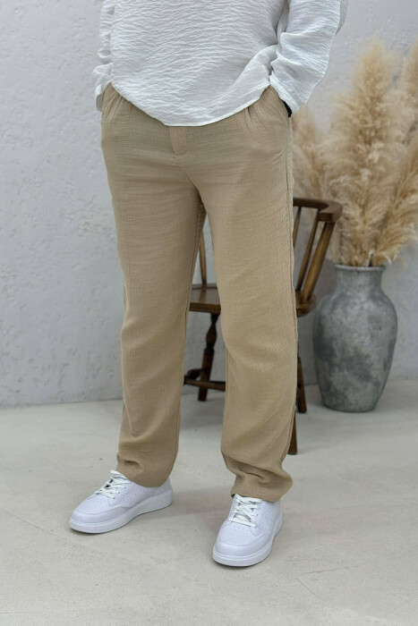 ONE COLOR SEMI ELASTIC WAIST MEN PANTS BEIGE/BEZHE - KLAUDIO FASHION