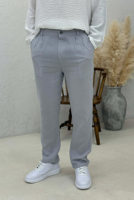 ONE COLOR SEMI ELASTIC WAIST MEN PANTS GREY/GRI - KLAUDIO FASHION