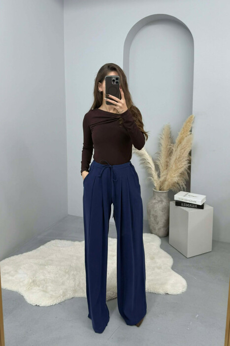 ONE COLOR SEMI ELASTIC WAIST WIDE LEG WOMEN TROUSERS BLUE/BLU - 7
