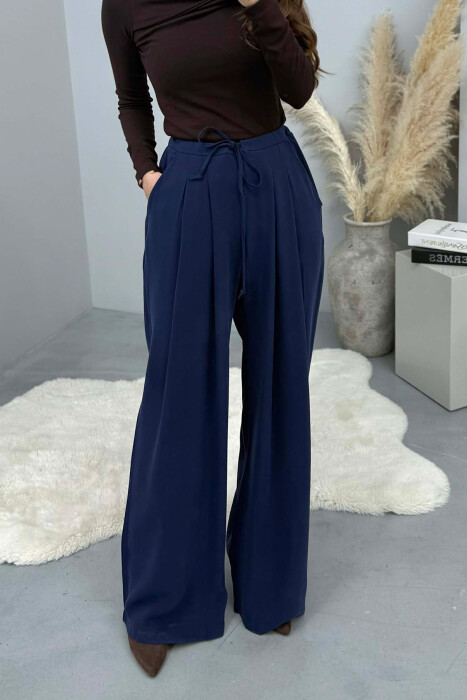 ONE COLOR SEMI ELASTIC WAIST WIDE LEG WOMEN TROUSERS BLUE/BLU - 5