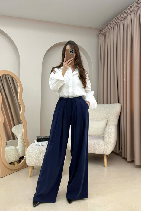 ONE COLOR SEMI ELASTIC WAIST WIDE LEG WOMEN TROUSERS BLUE/BLU - 1